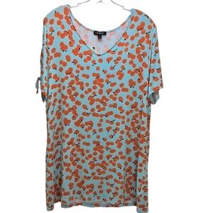 Lane Bryant Orange Peach Fruit Novelty Print Tunic Top 14/16 Short Sleeve Ruched